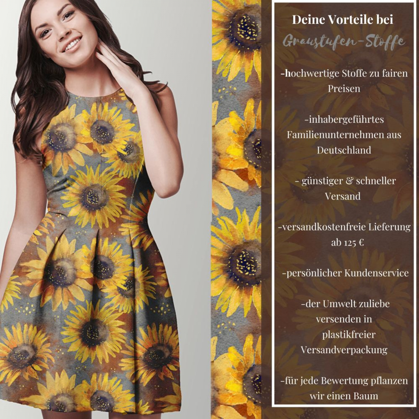 French Terry mit Sonnenblumen. Jetzt online kaufen bei Graustufen-Stoffe.